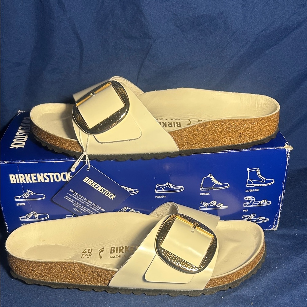 Birkenstock- Madrid Big Buckle, High-shine Antique white, 9 women sw